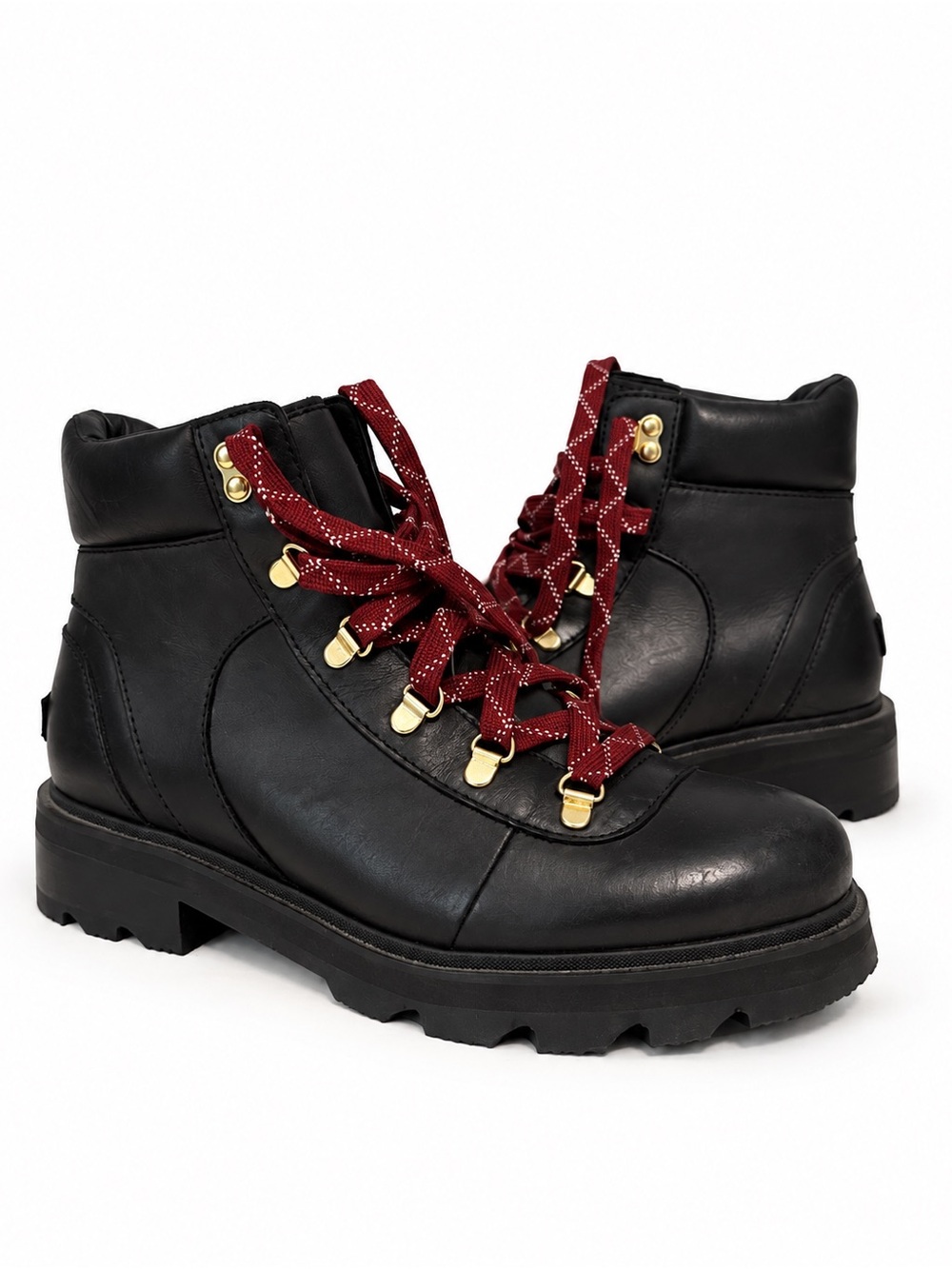 Sorel Black Leather Lace-Up Boots with Burgundy Laces